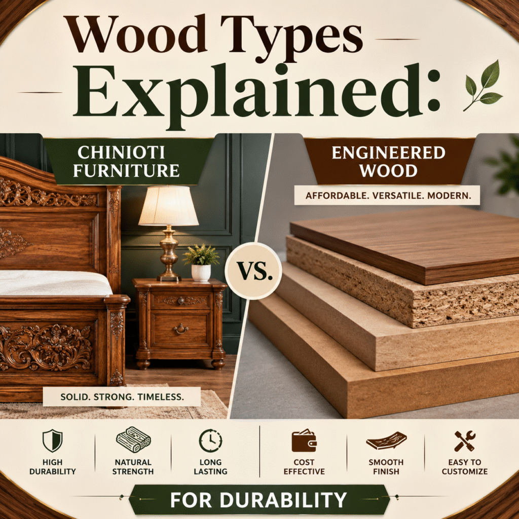 Chinioti furniture vs engineered wood comparison infographic for durability